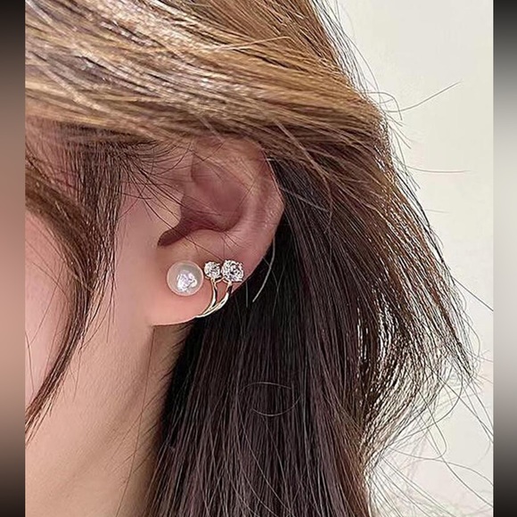 925 Sterling Silver Gold toned Faux Pearl Jacket Style earring - Picture 4 of 5